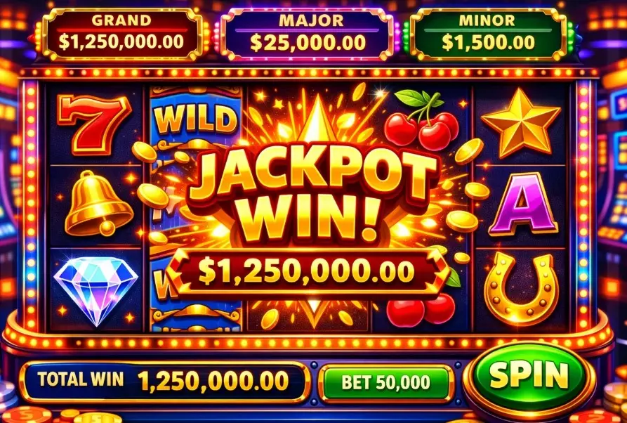 Classic slot game jackpot win with 7 Wild and bell symbols